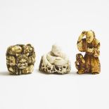 Three Ivory Netsuke of Setsubun Bean-Throwing, Hanasaka Jiisan, and Noh Masks, Signed Tomonobu and M