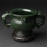 A Dark Green Archaistic Jade Gui-Form Censer, Ming/Qing Dynasty, 明/清 碧玉雕簋式炉, height 5.8 in — 14.7 cm