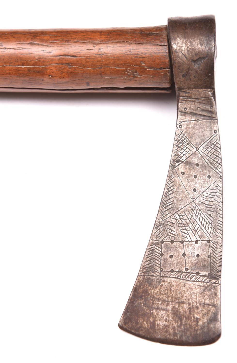 An old Omani Jerz axe, the narrow hatchet blade 5", with punched incised and - Image 2 of 2