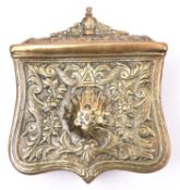 A Turkish or Balkan brass cartridge box (cartouche), with hinged lid, embossed overall with