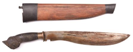 A Malasian knife, "Golok", blade 12", chequered wood hilt with bird's head pommel, brass ferrule and