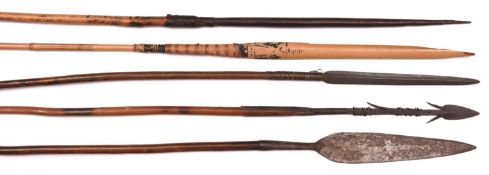 5 spears: African throwing spear, with slender 10½" blade, hide binding, and slender haft; African