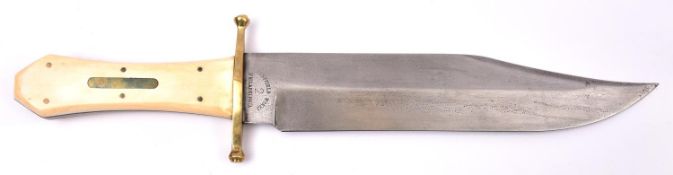 A Bowie knife, broad clipped back blade 10", the ricasso stamped "SHEFFIELD WORKS/ 2/ PHILADELPHIA",