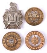 4 helmet plate centres: Bedfordshire, Cheshire, K.O.S.B. (small size), and Worcestershire. GC £60-80