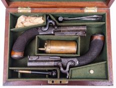 A good pair of 48 bore percussion boxlock side hammer travelling pistols, 7¾" overall, octagonal