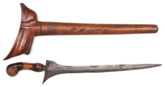 A Malayan kris, straight watered blade 11", the plain wooden hilt with brass ferrule, in its plain