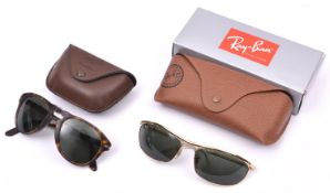 2x Sunglasses. A Ray-Ban Olympian. Together with a Persol Steve McQueen pair of folding glasses.