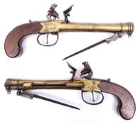 A pair of brass barrelled and brass framed flintlock boxlock blunderbuss pistols with spring