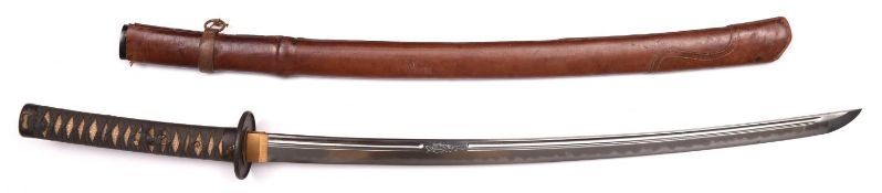 A good Japanese katana with iron fuchi kashira and lacquer saya with leather cover, 68.5cms, the