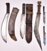 A military machete, the blade stamped "J.J.B", broad arrow, and "1945", in its leather sheath