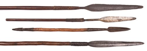 4 spears: short thrusting spear Assegai, with leaf shaped blade and rattan bound socket, 39"