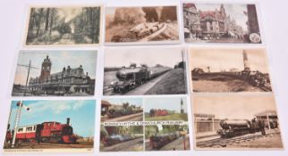 90+ early 20th Century postcards. Subjects include; 18x Railway related postcards. Including;