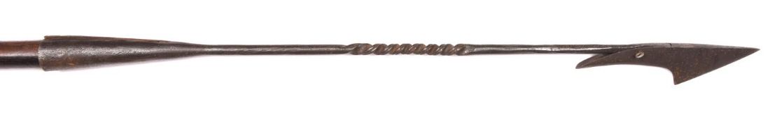 An old harpoon, iron head 33" (rusty), on a wooden haft, 96" (8 feet) overall. GC
