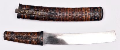 An unusually mounted Gardeners knife with recurved blade. Hilt and scabbard in woven bamboo
