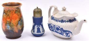 A Wedgwood 19th Century Jasperware teapot with a crown handle to lid. Together with a Wedgwood sugar