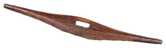 An old Australian aboriginal wooden club fighting shield, "Tamarang", 34" overall, carved with
