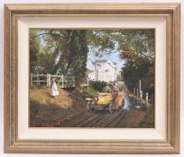 Malcolm Root, oil painting on canvas. A rural scene with early Renault(?) car. Signed and dated 1997