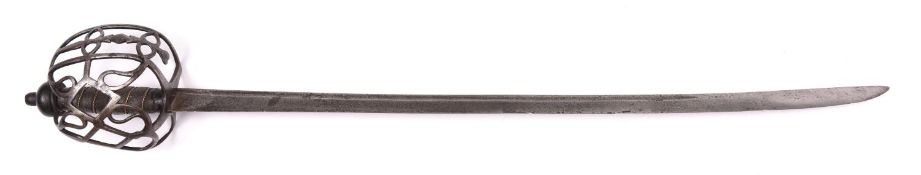 A mid 18th century English semi basket hilted horseman's sword, slightly curved single edged blade