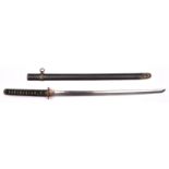 A katana 64.5cm blade of straight configuration (Kambun style) with choji hamon, shortened Shinto