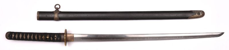 A katana 64.5cm blade of straight configuration (Kambun style) with choji hamon, shortened Shinto