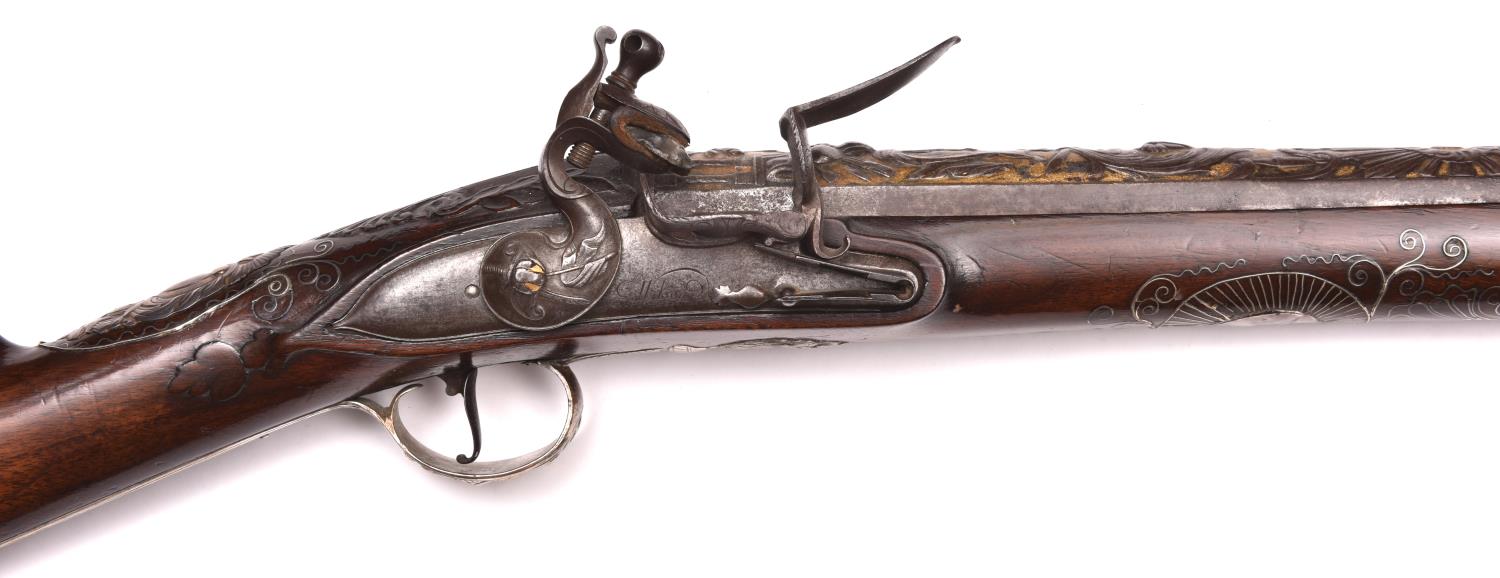 A good silver mounted 14 bore flintlock sporting gun by Wilson, made for the Turkish market, c 1760, - Image 3 of 7