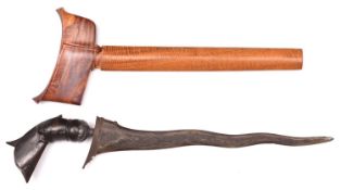 A Malayan kris, straight pamir blade 11½", with dark wood kingfisher hilt and grey metal ferrule, in