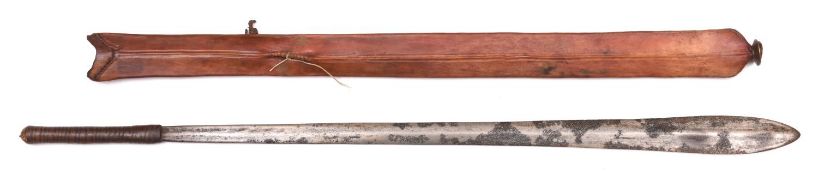 A Masai sword, Seme, blade 23", with leather bound hilt, in its leather scabbard terminating in a