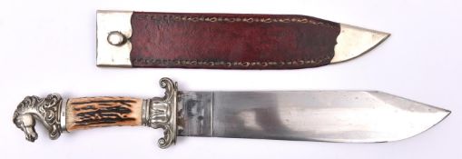 A Bowie knife, flat clipped back blade 10½" stamped "W.JEFFS"; the hilt with one piece staghorn grip