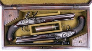 A pair of 20 bore flintlock duelling pistols by Brunn, c 1800, 14½" overall, sighted octagonal