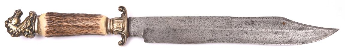 A large Bowie knife, clipped back blade 13¾" with false back edge, the ricasso crudely marked "ENION