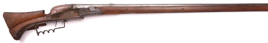 A large German 14 bore (approximately .780") rifled wheel lock arquebus, 1600, 71" overall, heavy