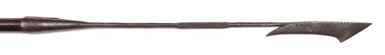 An old harpoon, iron head 33½", on a wooden haft, 94" (8'10") overall. GC