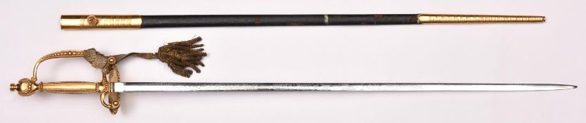 A Victorian courtsword, blade 27½", etched for most of its length with crown over "VR", trophies,