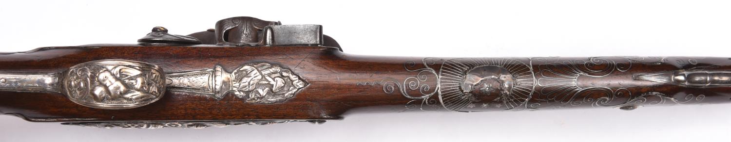 A good silver mounted 14 bore flintlock sporting gun by Wilson, made for the Turkish market, c 1760, - Image 7 of 7