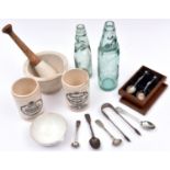 A collection of silver, glass and pottery items. Including silver teaspoons, sugar tongs, etc. 2x