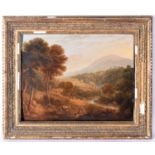 An oil painting on board by George Cuitt the Younger (1779-1854) of a view with figures and a donkey