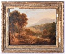 An oil painting on board by George Cuitt the Younger (1779-1854) of a view with figures and a donkey