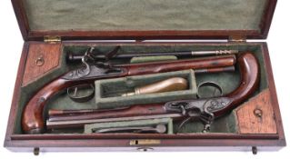 A pair of 24 bore flintlock duelling pistols by Wogdon, c1780, 15" overall, sighted octagonal