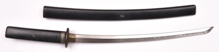 A modern wakizashi, in home made wooden handle and scabbard with metal embellishments. Old iron