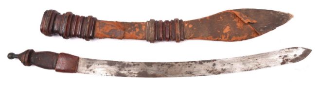 An African Malinke (Mandingo) sword, broad slightly curved blade 23", with leather covered hilt,