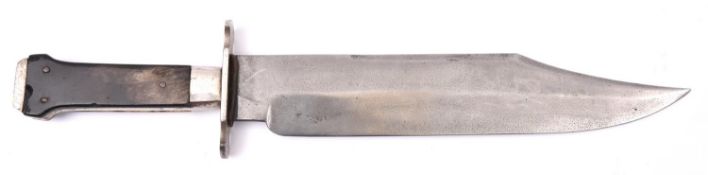 A Bowie knife, clipped back blade 10½" crudely marked "G. WOSTENHOLM & SON WASHINGTON WORKS", the