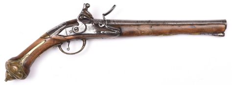 A late 18th century Turkish 16 bore flintlock holster pistol, 18" overall, barrel 11?" with flat