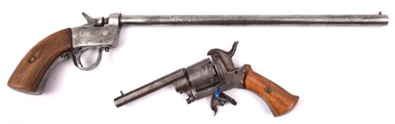 A Belgian 6 shot 7mm pinfire revolver, worn and incomplete; and a Belgian long barrelled