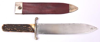 A Bowie knife, SE spear point blade 8½" crudely etched "I. Wilson, Ex Sycamore St, Sheffield,