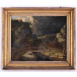 A late 18th Century oil painting on canvas of figures in a landscape on a stormy day. Possibly