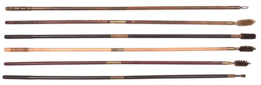 6 two piece brass mounted wooden shotgun cleaning rods, including two of ebony, three with wire