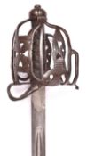 A mid 18th century Scottish basket hilted backsword, straight single edged blade 38" with full