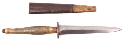 A cut down second pattern FS fighting knife, blade 5¾", with brass hilt and small brass (?) cross