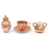 2 Coalport miniature porcelain items. A cup and saucer, marked A4672. A double handled pot, marked