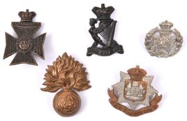 5 Victorian Infantry cap badges: Royal Fusiliers, East Surrey, K.R.R.C, Royal Irish Rifles, and
